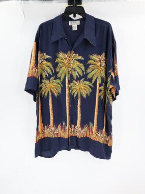Vintage Avanti Hawaiian Shirt Mens XL Short Sleeve Palm Trees Silk Aloha Blue